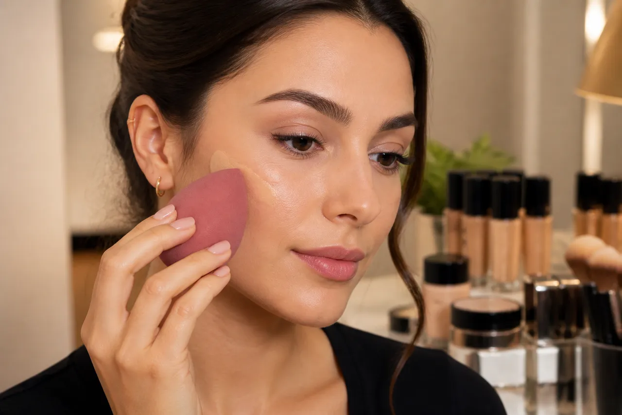 aplicarea corectă a fondului de ten cu beauty blender umed