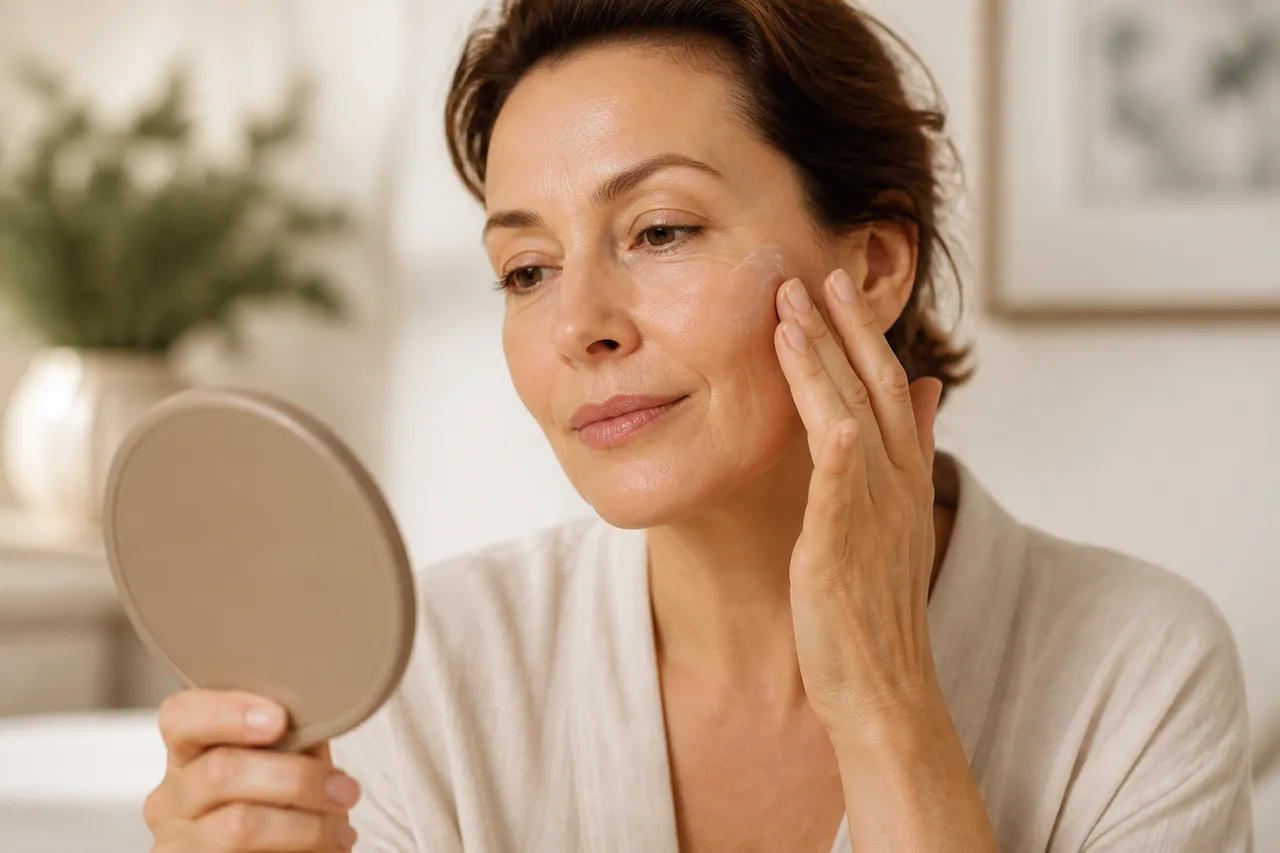 piele matură și cremă SPF aplicată pe față